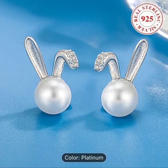 Sterling Silver Rabbit Stud Earrings,Freshwater Pearl Hypoallergenic and Elegant - Picture 7 of 7